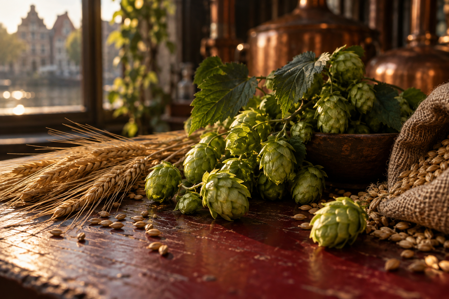 Hopbellen en gerst in warm licht